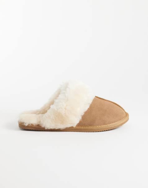ASOS DESIGN mule slippers in tan suede with fur collar and sheep skin lining - view 1