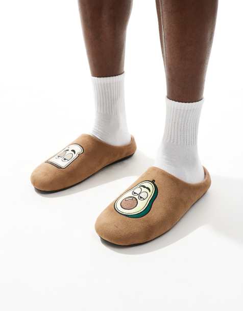 ASOS DESIGN mule slippers in tan with avocado badge - view 1