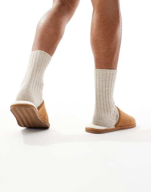 ASOS DESIGN mule slippers in tan with faux shearling lining, 3 of 4