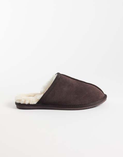 ASOS DESIGN Mule slippersy z czekoladowego zamszu z podszewką z baranka - view 1