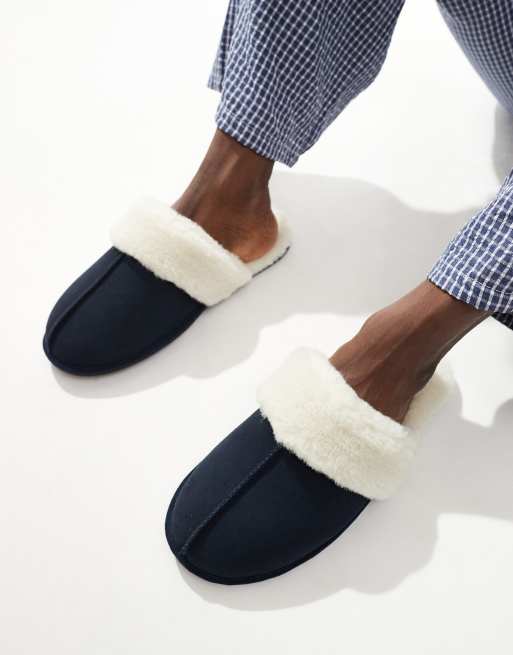 ASOS DESIGN – Mules-Hausschuhe aus marineblauem Wildleder mit Futter aus Lammfellimitat, 4 von 4