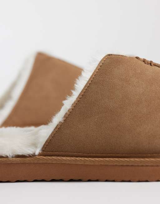 ASOS DESIGN Mules mit Hausschuhen in Stein mit Kunstlammfell-Futter in Creme, 3 von 4