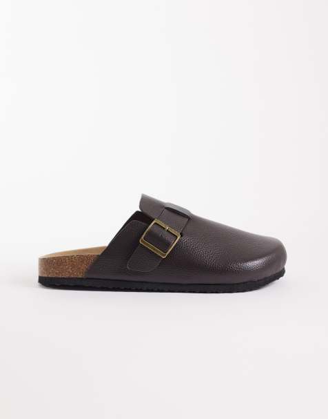 ASOS DESIGN – Mules-Sandalen mit Korksohle aus braunem, genarbtem und verstärktem Leder - view 1
