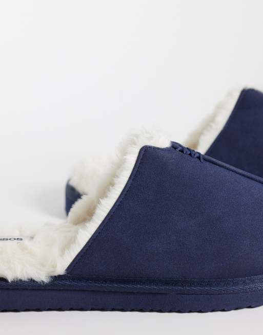 ASOS DESIGN mules-tofflor i marinblått med fuskfårskinnsfoder i marinblått, 4 av 4
