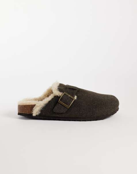 ASOS DESIGN mules with buckle detail and faux shearling lining in brown felt - view 1
