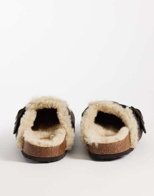 ASOS DESIGN mules with buckle detail and faux shearling lining in brown felt, 2 of 4