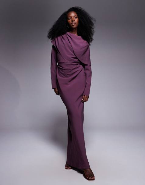 ASOS DESIGN – Mullbärsröd maxiklänning med hög krage och draperat liv - view 1