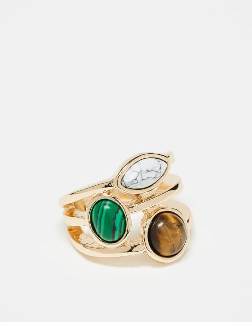 ASOS DESIGN multi band ring with faux semi precious stones in gold tone