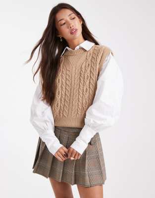 Asos Design Multi Cable Knit Nipped Waist Tank Top In Brown