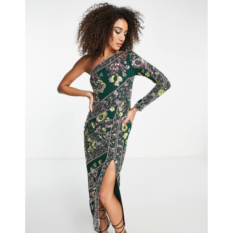 ASOS DESIGN multi floral embellished one sleeve midi dress with side slit  in dark green