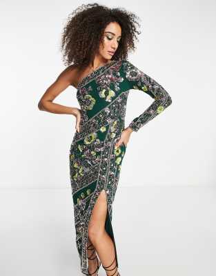 asos design multi floral embellished one sleeve midi dress with side slit in dark green