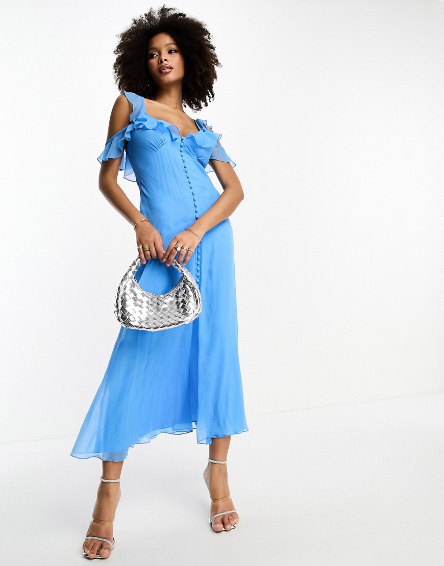 ASOS DESIGN multi flutter sleeve ruffle midaxi dress with button detail in blue