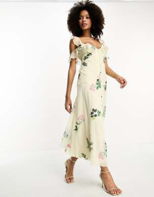 Asos Design Multi Flutter Sleeve Ruffle Midaxi Dress With Button Detail In Lemon Floral Print