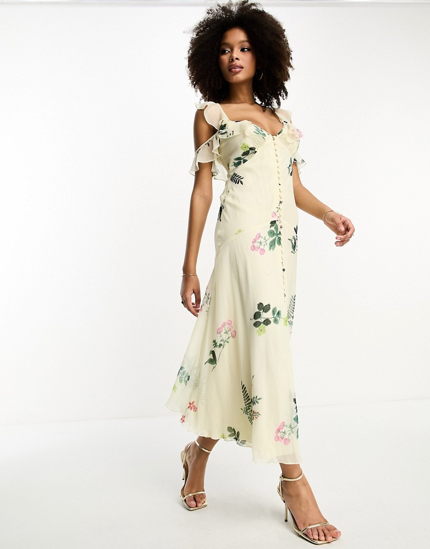 ASOS DESIGN multi flutter sleeve ruffle midaxi dress with button detail in lemon floral print