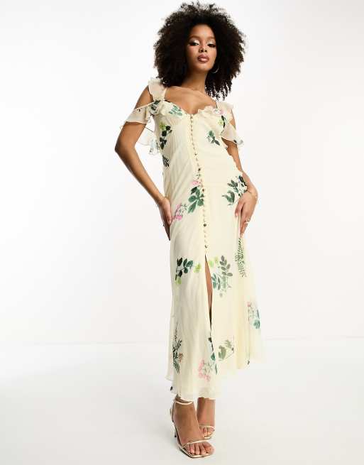 Floral cold shoulder outlet wrap dress