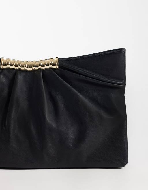 ASOS DESIGN multi gusset grab clutch with metal hardware in black and snake, 2 of 4