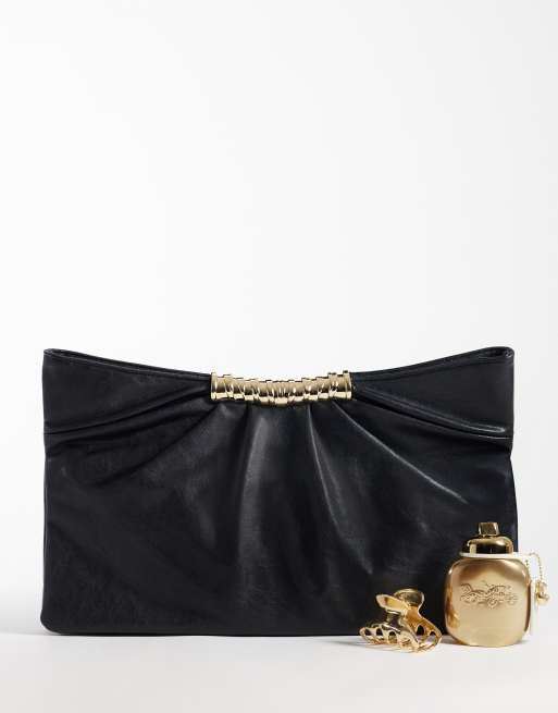 ASOS DESIGN multi gusset grab clutch with metal hardware in black and snake, 3 of 4