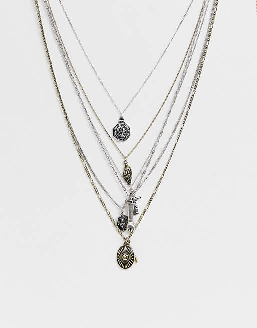 ASOS DESIGN multi layered necklace with charms in mixed metals
