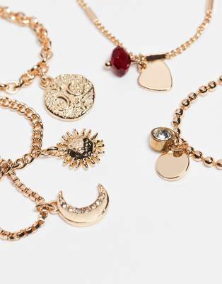 Asos Design Multi-pack Bracelets With Fine Chains And Charm Drop Details In Gold