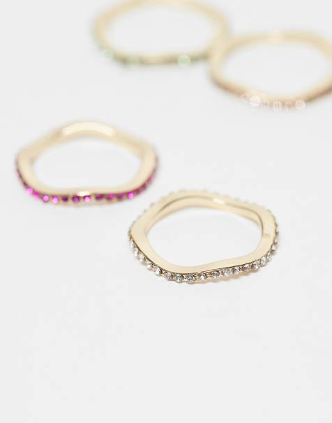 ASOS DESIGN multi-pack dainty rings with colorful pave crystals in gold tone - view 1