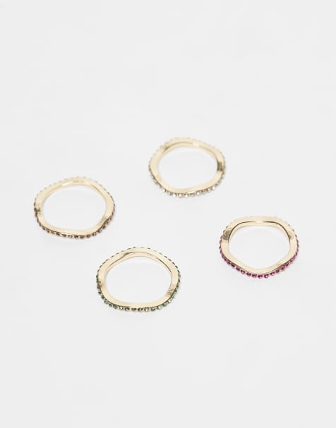 ASOS DESIGN multi-pack dainty rings with colourful pave crystals in gold tone - view 1