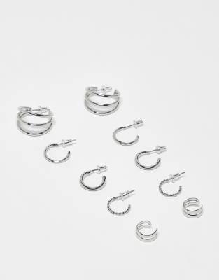 multi-pack hoop earrings set with ear cuffs in silver tone