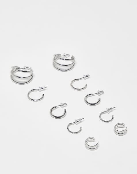 ASOS DESIGN multi-pack hoop earrings set with ear cuffs in silver tone - view 1