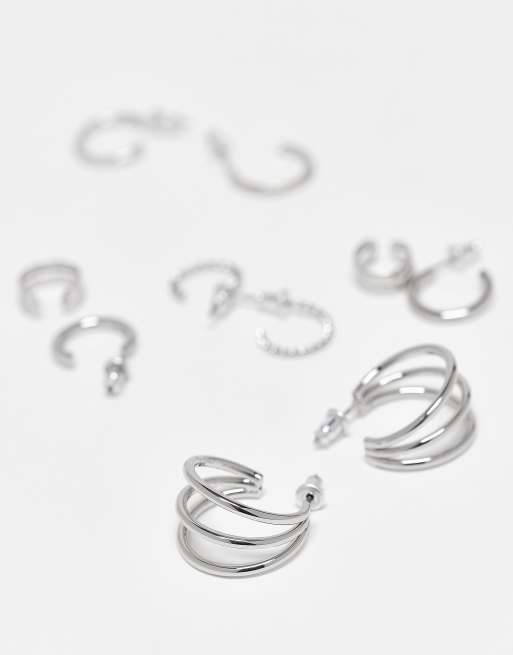 ASOS DESIGN multi-pack hoop earrings set with ear cuffs in silver tone, 3 of 3