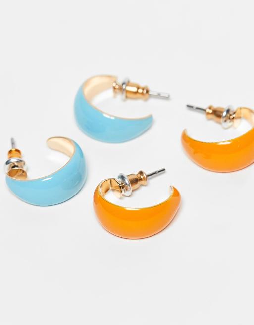 ASOS DESIGN multi-pack mini hoop earrings with orange and blue enamel, 2 of 3