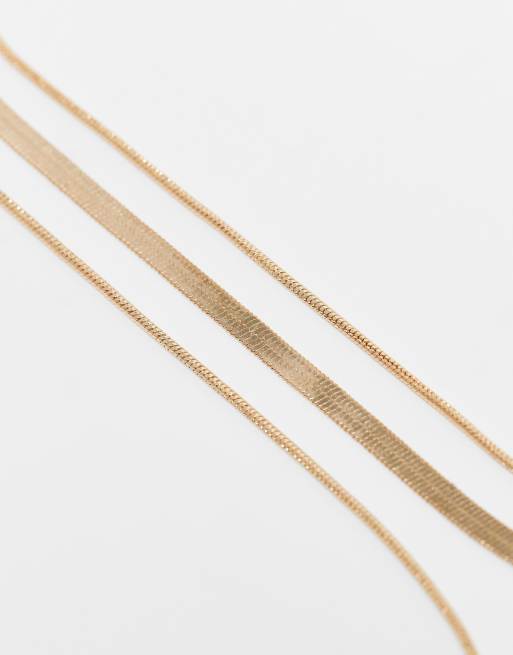 ASOS DESIGN multi-pack necklace with flat and thin chain rows in gold tone, 2 of 3