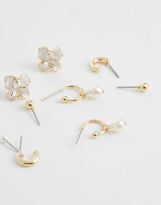 ASOS DESIGN multi-pack of earrings with faux-pearl and gold-tone mixed studs and hoops, 4 of 4