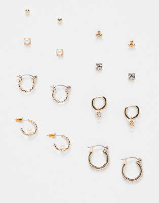 multi-pack of mixed hoop and stud earrings with faux pearls in gold tone