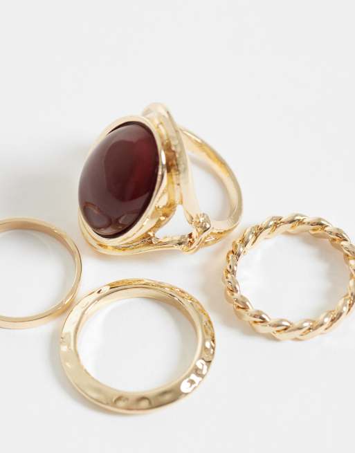 ASOS DESIGN multi-pack of mixed rings with stone-settings in gold tone, 3 of 3