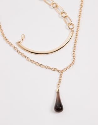 Asos Design Multi-pack Of Necklaces With Detailed Chain And Large Faux-stone Pendant Drop In Gold