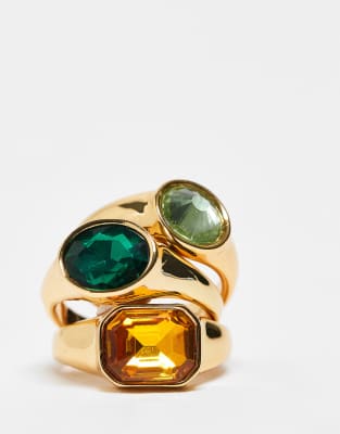 Asos Design Multi-pack Of Rings With Colorful Stone Settings In Gold