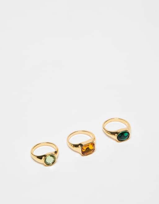 ASOS DESIGN multi-pack of rings with colorful stone settings in gold tone, 2 of 3