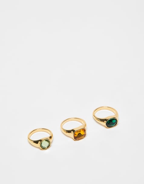 ASOS DESIGN multi-pack of rings with colourful stone setting in gold tone - view 1