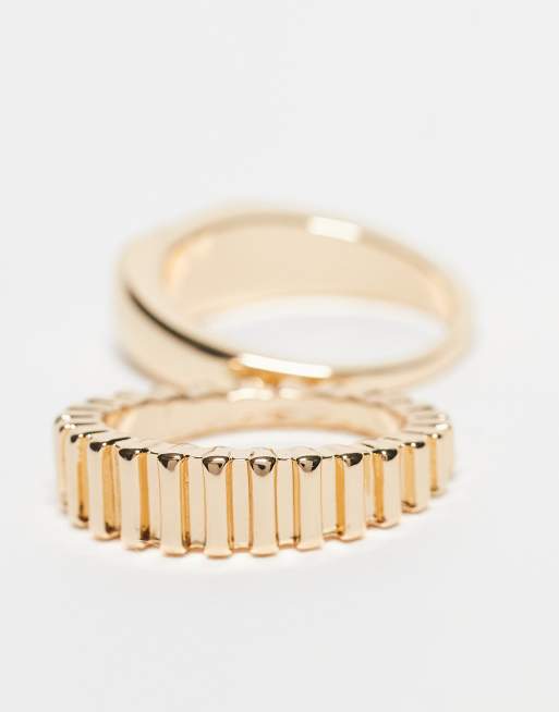 ASOS DESIGN multi-pack of rings with horizontal signet stone-set and ridged design in gold tone, 2 of 3