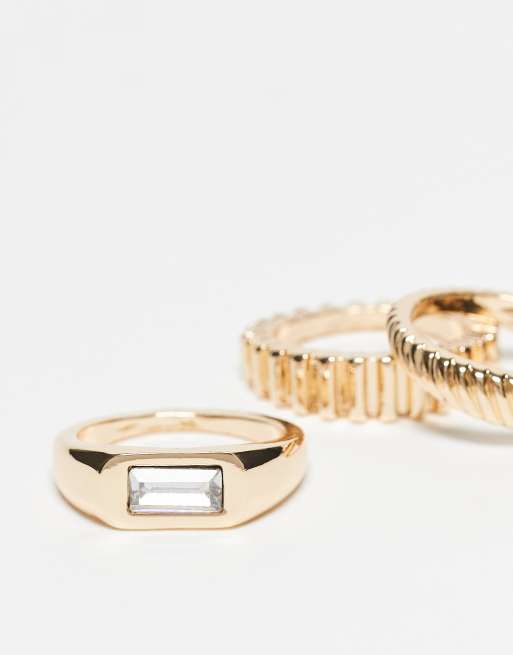 ASOS DESIGN multi-pack of rings with horizontal signet stone-set and ridged design in gold tone, 3 of 3