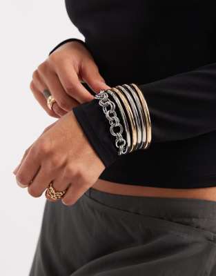 Asos Design Multi-pack Of Thin Bangles And Chain In Gold