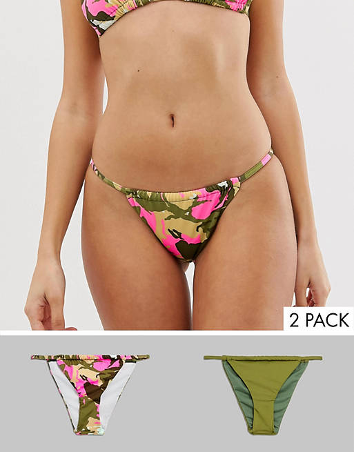 ASOS DESIGN multi pack tanga bikini bottom in khaki and pink camo print