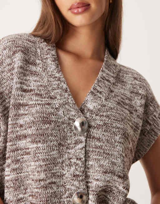ASOS DESIGN multi ply silver button knitted tank in cream and brown, 3 of 4