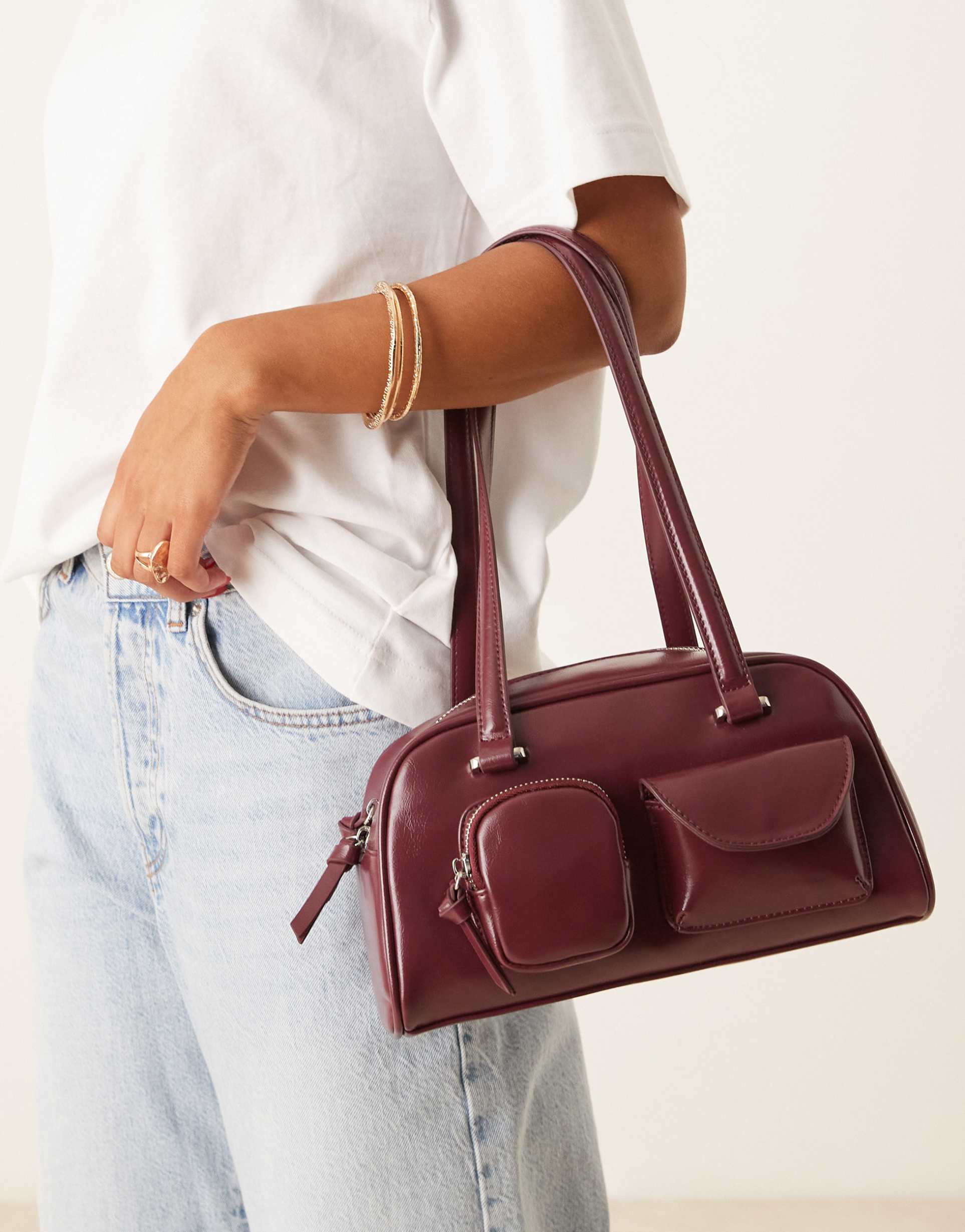 asos design multi pocket bowler bag in burgundy