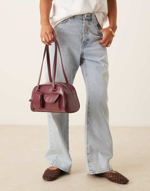 ASOS DESIGN multi pocket bowler bag in burgundy