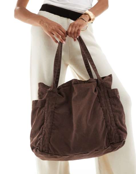 ASOS DESIGN multi pocket canvas tote bag in washed chocolate - view 1
