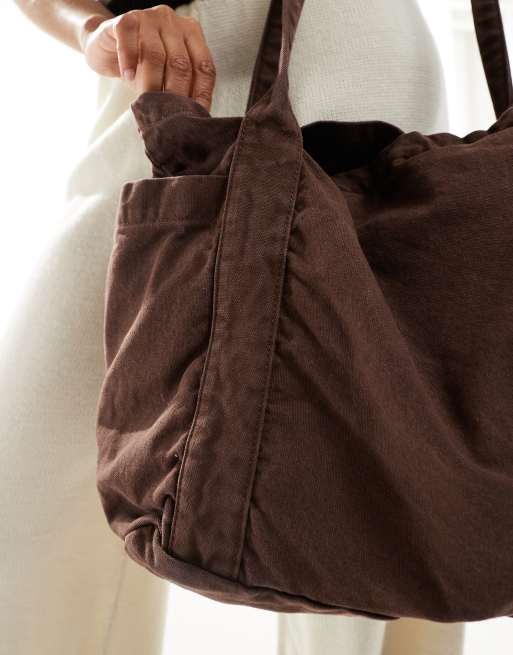 ASOS DESIGN multi pocket canvas tote bag in washed chocolate