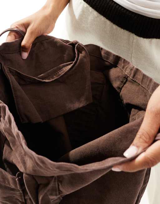 ASOS DESIGN multi pocket canvas tote bag in washed chocolate