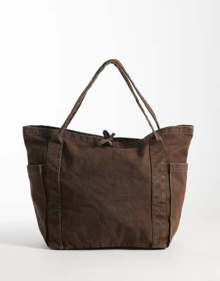 Asos Design Multi Pocket Canvas Tote Bag In Brown