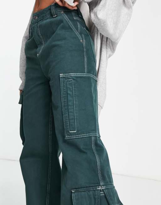 ASOS DESIGN clean cargo pants in green with contrast stitching