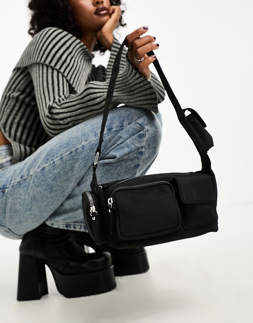 Asos Design Multi Pocket Shoulder Bag In Nylon In Black